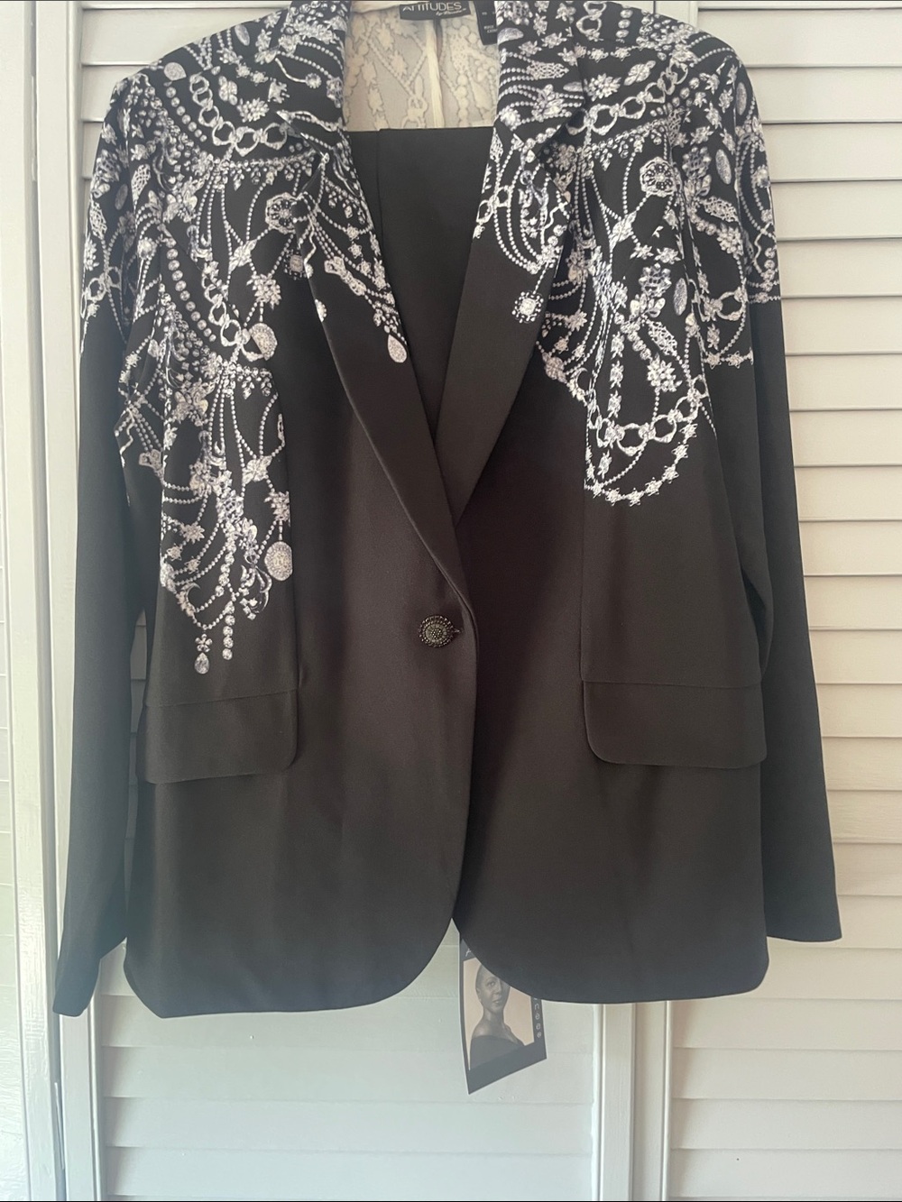 Attitudes by Renee Black Blazer and pants with White printed Embellishment